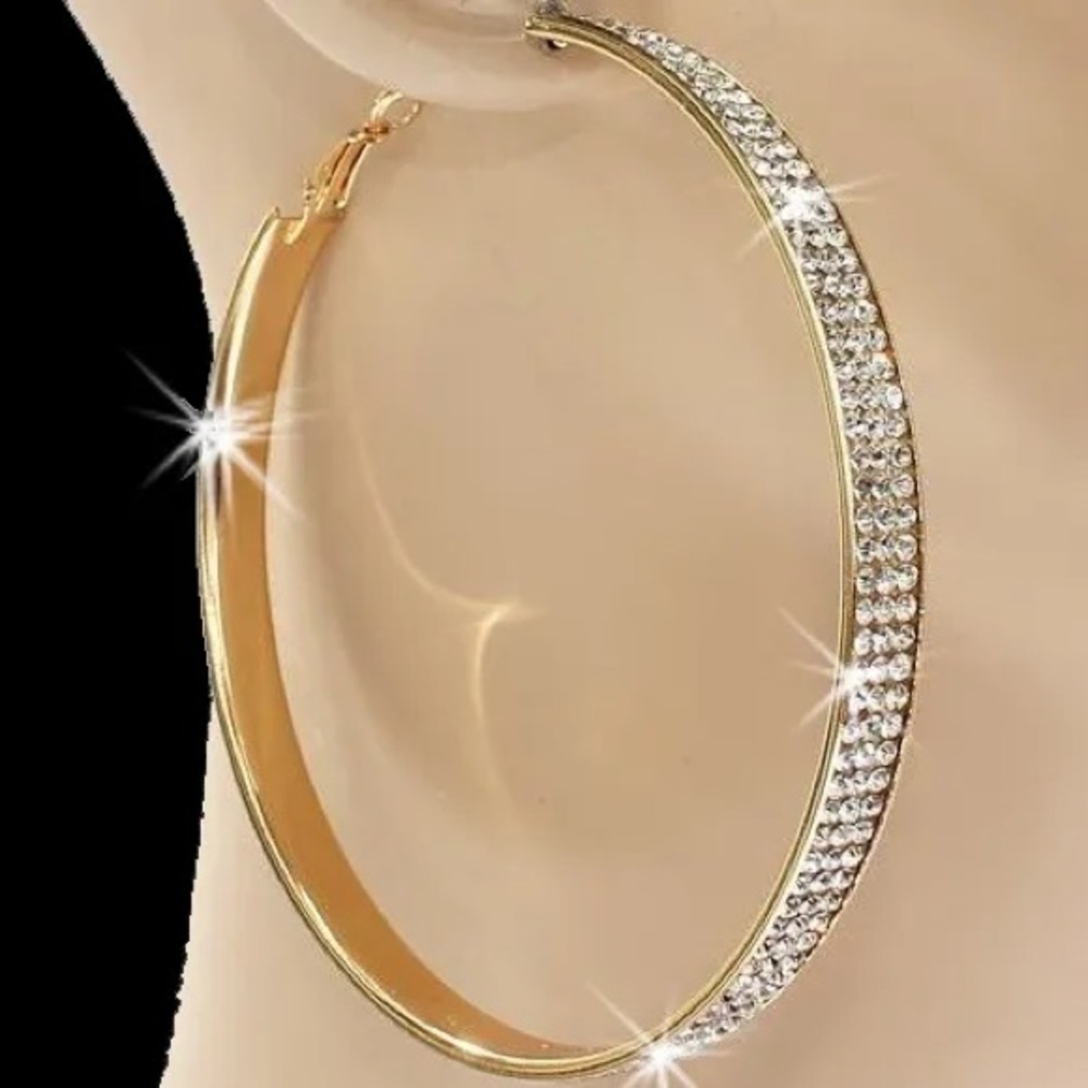 3.2" Pave Set SPARKLE Gold Crystal rhinestone statement cz Outside Hoop Earrings